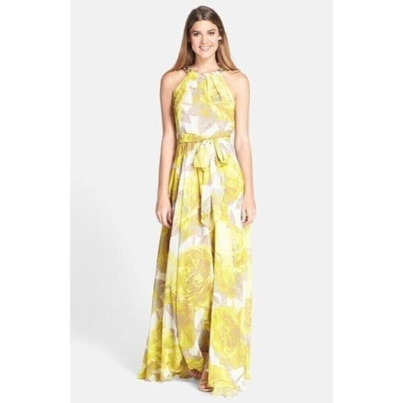 Eliza J Floral Maxi Dress 4 Yellow Rose Halter Boho Party Feminine Wedding - Picture 1 of 16